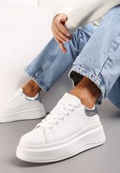 Biało-Srebrne Sznurowane Sneakersy na Niskiej Platformie z Imitacji Skóry Ajanfa. Białe obuwie sportowe damskie Renee, ze skóry, bez zapięcia. Za 74.99 zł.