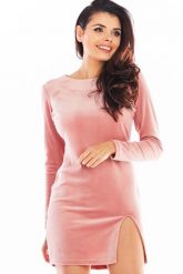 Ołówkowa Mini Sukienka Welurowa z Rozporkiem - Różowa. Czerwone sukienki damskie Awama, bez wzorów, z materiału, wizytowe, bez ramiączek. Za 209.90 zł.