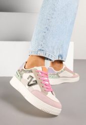 Różowo-Beżowe Sneakersy Ozdobione Metalicznymi Aplikacjami i Brokatem Pilliossa. Czerwone obuwie sportowe damskie Renee, z jeansu, bez zapięcia. Za 74.99 zł.