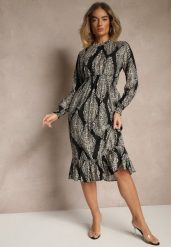 Czarna Rozkloszowana Sukienka w Etniczny Print z Gumką w Talii i Falbanką Napirea. Czarne sukienki damskie Renee, bez wzorów, eleganckie, bez ramiączek. W wyprzedaży za 83.99 zł.