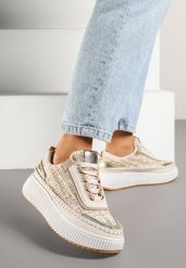 Ciemnobeżowe Sneakersy z Tweedowymi Zdobieniami i Przeszyciami na Platformie Ulandrelia. Brązowe obuwie sportowe damskie Renee, bez zapięcia. Za 99.99 zł.