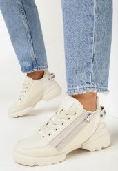 Beżowe Sneakersy na Grubej Podeszwie z Ozdobnymi Suwakami Shala. Brązowe obuwie sportowe damskie Born2be, bez zapięcia. Za 59.99 zł.