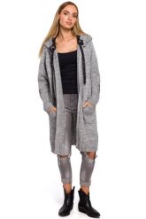 Dłuższy sweter kardigan z kapturem połyskująca nitka szary. Szare kardigany damskie Polskie swetry, l, bez wzorów, z dzianiny. Za 309.00 zł.