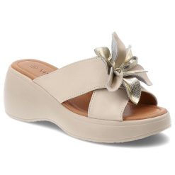 Klapki damskie Vinceza, cholewka ze skóry naturalnej wsuwany fason z ozdobnym kwiatem, beżowe, 41511. Brązowe klapki damskie VINCEZA, bez wzorów, ze skóry, bez obcasa, na koturnie, bez zapięcia. Za 159.00 zł.