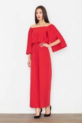 Czerwony Elegancki Kombinezon 2w1 z Odkrytymi Ramionami. Czerwone kombinezony damskie Figl, l, bez wzorów, z materiału, eleganckie, bez kołnierzyka, bez ramiączek. Za 319.00 zł.