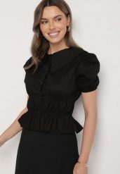 Czarna Bawełniana Koszula z Bufiastymi Rękawami i Ozdobnymi Marszczeniami Efrinda. Czarne koszule damskie Born2be, m, bez wzorów, z bawełny, eleganckie, bez kołnierzyka, bez ramiączek. Za 69.99 zł.