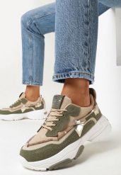 Beżowo-Zielone Sneakersy na Grubej Podeszwie z Cyrkoniami Evoline. Brązowe obuwie sportowe damskie Born2be, bez zapięcia. Za 119.99 zł.