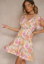Pomarańczowa Kwiatowa Kopertowa Sukienka z Bawełny Ulosiana. Brązowe sukienki damskie Renee, bez wzorów, z bawełny, eleganckie, bez ramiączek. W wyprzedaży za 39.99 zł.