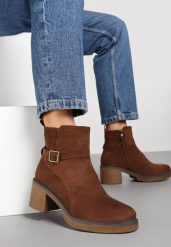 Brązowe Botki na Słupku z Ozdobnym Paskiem ze Sprzączką Inovira. Brązowe botki damskie Renee, z jeansu, eleganckie, bez obcasa, na obcasie, bez zapięcia. Za 139.99 zł.
