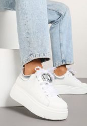 Biało-Srebrne Sneakersy z Cyrkoniami Vivioriana. Białe obuwie sportowe damskie Renee, z jeansu, bez zapięcia. Za 74.99 zł.