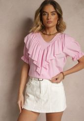 Różowa Bluzka z Wiskozą Ozdobiona Falbankami Fadelena. Czerwone bluzki damskie Renee, bez wzorów, z jeansu, bez kołnierzyka, bez ramiączek. Za 54.99 zł.
