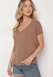 Ciemnobeżowy Bawełniany T-shirt z Trójkątnym Dekoltem Linarosea. Brązowe t-shirty damskie Born2be, m, bez wzorów, z bawełny, bez kołnierzyka. Za 49.99 zł.