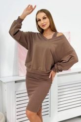 Komplet bluzka + sukienka prążkowana mocca. Sukienki damskie KESI, bez wzorów, z bawełny, eleganckie, bez ramiączek. Za 292.73 zł.