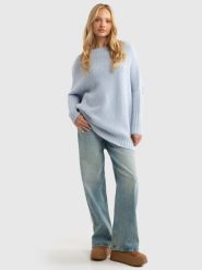 Sweter damski oversize z dodatkiem wełny błękitny Mayamiko 400. Niebieskie swetry klasyczne damskie Big Star, s, z jeansu, bez kołnierzyka. W wyprzedaży za 199.99 zł.