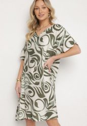 Ciemnozielona Pudełkowa Sukienka w Ornamentalny Wzór z Wiskozy Tosela. Zielone sukienki damskie Born2be, bez wzorów, z wiskozy, eleganckie, bez ramiączek. Za 79.99 zł.