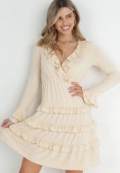 Beżowa Sukienka Mini z Gumką w Talii i Falbankami Livarria. Brązowe sukienki damskie Born2be, bez wzorów, eleganckie, bez ramiączek. W wyprzedaży za 152.99 zł.