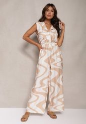 Beżowy Kombinezon z Szerokimi Nogawkami Gumką w Talii w Abstrakcyjny Print Privia. Brązowe sukienki damskie Renee, bez wzorów, z tkaniny, eleganckie, bez ramiączek. W wyprzedaży za 127.99 zł.