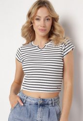 Biało-Czarny Bawełniany T-shirt Koszulka z Krótkim Rękawem i Wycięciem przy Dekolcie Zolianara. Białe bluzki damskie Born2be, m, bez wzorów, z bawełny, bez kołnierzyka, bez ramiączek. Za 34.99 zł.