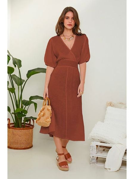 Rodier Lin Lniana sukienka w kolorze brązowym rozmiar: L/XL. Brązowe sukienki damskie Rodier Lin, bez wzorów, ze lnu, bez ramiączek. Za 149.66 zł.