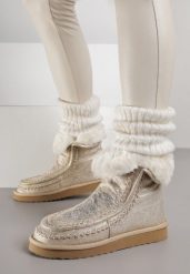 Złote Wsuwane Śniegowce z Futerkiem i Metalicznym Połyskiem Vetirena. Żółte śniegowce damskie Born2be, z dzianiny. Za 159.99 zł.