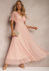 Różowa Siateczkowa Sukienka z Kopertowym Dekoltem Wiązana w Talii Niblea. Czerwone sukienki damskie Renee, bez wzorów, eleganckie, bez ramiączek. W wyprzedaży za 83.99 zł.