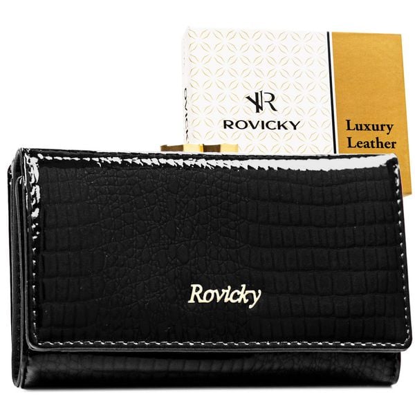 Średni portfel damski ze skóry naturalnej w czarnym kolorze zamykany na bigiel i zatrzask RH-23-1-RSRovicky. Czarne portfele damskie ROVICKY, bez wzorów, z lakierowanej skóry. Za 94.99 zł.