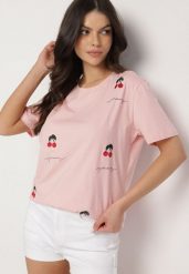 Różowy Bawełniany T-shirt Zdobiony Haftem z Motywem w Wiśnie Nevianira. Czerwone t-shirty damskie Born2be, m, z aplikacjami, z bawełny, bez kołnierzyka. Za 34.99 zł.