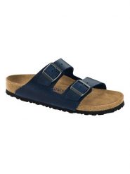 Birkenstock Skórzane klapki "Arizona" w kolorze granatowym rozmiar: 44. Niebieskie klapki damskie Birkenstock, bez wzorów, z otwartym noskiem, bez obcasa, bez zapięcia. Za 483.17 zł.