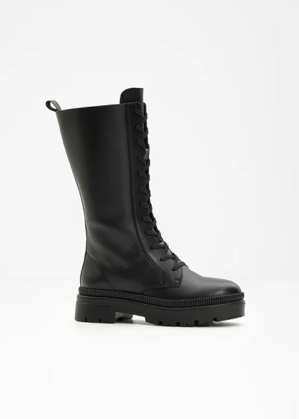 Kozaki sznurowane. Czarne kozaki damskie bonprix, bez obcasa, bez zapięcia. Za 219.99 zł.