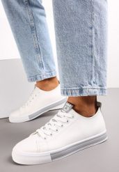 Biało-Szare Sznurowane Tenisówki na Ozdobnej Podeszwie z Taśmą z Napisami Majara. Białe obuwie sportowe damskie Renee, bez zapięcia, tenisowe. Za 54.99 zł.
