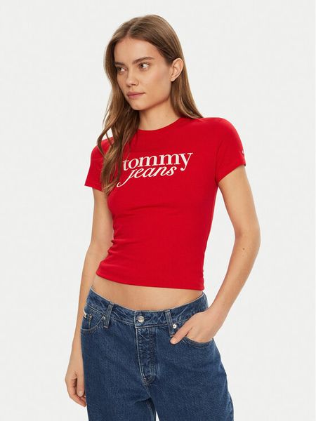 Tommy Jeans T-Shirt Essential DW0DW19447 Czerwony Slim Fit. Czerwone t-shirty damskie Tommy Jeans, l, bez wzorów, z bawełny, bez kołnierzyka. Za 79.99 zł.