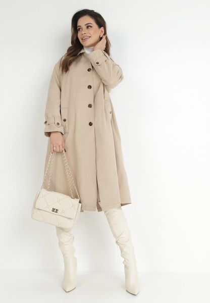 Beżowy Płaszcz Trencz Oversize na Guziki Kalei. Brązowe płaszcze damskie Born2be, m, bez wzorów, bez kaptura. Za 119.99 zł.