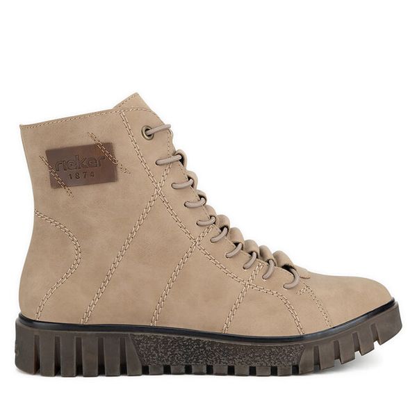 Trzewiki Rieker. Brązowe botki damskie Rieker, bez obcasa, na płaskiej podeszwie, bez zapięcia. Za 429.99 zł.