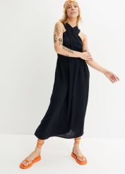 Długa sukienka z wycięciem. Czarne sukienki damskie bonprix, bez wzorów, bez ramiączek. Za 129.99 zł.