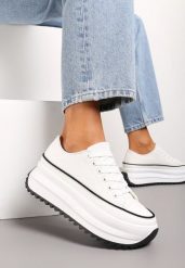 Białe Trampki Przed Kostkę na Wysokiej Platformie z Ozdobnym Protektorem Ligustra. Białe obuwie sportowe damskie Renee, z jeansu, przed kostkę, bez zapięcia. Za 79.99 zł.