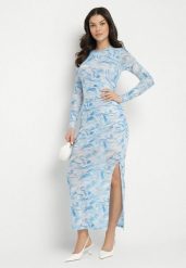 Niebieska Dopasowana Sukienka z Siateczki z Wiskozą w Abstrakcyjny Wzór Sarilene. Niebieskie sukienki damskie Born2be, bez wzorów, z wiskozy, eleganckie, bez ramiączek. W wyprzedaży za 110.49 zł.