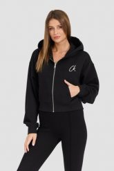 CALVIN KLEIN Czarna damska rozpinana bluza z kapturem. Czarne bluzy damskie Calvin Klein, m, bez wzorów, z bawełny, z kapturem. W wyprzedaży za 299.99 zł.