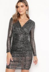 Czarno-Srebrna Sukienka Mini w Cekiny i Kopertowym Dekoltem Astiara. Czarne sukienki damskie Born2be, bez wzorów, bez ramiączek. W wyprzedaży za 144.49 zł.