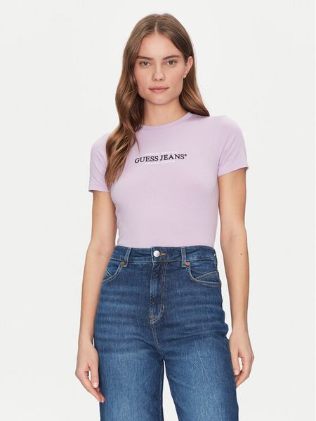 Guess Jeans T-Shirt W4YI03 J1314 Fioletowy Slim Fit. Fioletowe t-shirty damskie Guess Jeans, m, z aplikacjami, z bawełny, bez kołnierzyka. Za 79.99 zł.