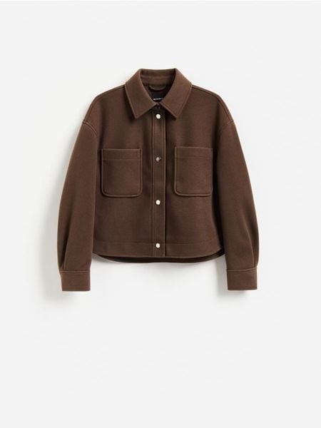 Kurtka shacket z kołnierzykiem - ciemnobrązowy. Brązowe kurtki damskie Reserved, l, bez wzorów, z tkaniny, bez kaptura. Za 149.99 zł.