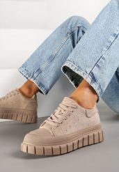 Ciemnobeżowe Sneakersy Vices na Platformie z Tłoczeniem Ozdobione Perforacją Leaniael. Brązowe obuwie sportowe damskie Renee, z jeansu, bez zapięcia. Za 79.99 zł.
