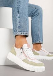 Biało-Zielone Skórzane Sneakersy w Streetwearowym Stylu Zdobione Suwakiem Elearessa. Białe obuwie sportowe damskie Born2be, na jesień, z jeansu, bez zapięcia. Za 169.99 zł.