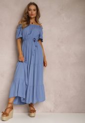 Niebieska Sukienka Amiphiphae. Niebieskie sukienki damskie Renee, bez wzorów, z materiału, bez ramiączek. W wyprzedaży za 47.99 zł.