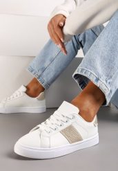 Biało-Beżowe Sneakersy ze Wstawkami Pokrytymi Cyrkoniami Almarie. Białe obuwie sportowe damskie Renee, z materiału, bez zapięcia. Za 69.99 zł.
