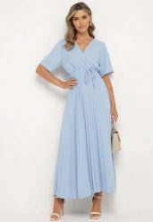 Jasnoniebieska Sukienka Plisowana Maxi z Wiązanym Paskiem Dianiza. Niebieskie sukienki damskie Born2be, bez wzorów, z materiału, bez ramiączek. Za 139.99 zł.