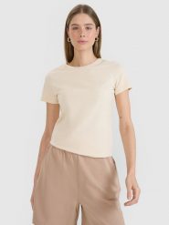 4F T-shirt slim gładki damski - beżowy L. Brązowe t-shirty damskie 4F, l, bez wzorów, z bawełny, bez kołnierzyka. Za 39.99 zł.