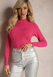 Różowy Sweter Golf z Cyrkoniami z Przodu Jacque. Czerwone golfy damskie Renee, m, bez wzorów, bez ramiączek. Za 99.99 zł.