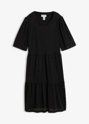 Sukienka T-shirtowa w ażurowy wzór z krepy strukturalnej. Czarne sukienki damskie bonprix, w ażurowe wzory, bez ramiączek. Za 129.99 zł.