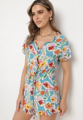 Jasnoniebieski Kombinezon z Wiskozy z Guzikami i Sznurkiem w Talii Ratella. Niebieskie sukienki damskie Born2be, bez wzorów, z wiskozy, bez ramiączek. Za 69.99 zł.