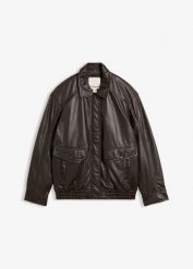 Kurtka bomberka oversize ze skóry jagnięcej nappa. Czarne kurtki damskie bonprix, bez wzorów, ze skóry, bez kaptura. Za 649.99 zł.